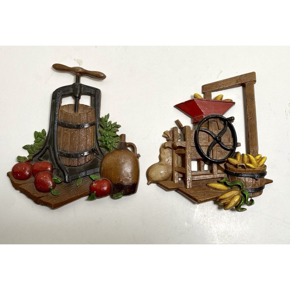 HOMCO 1978 Farmhouse Cast Metal Wall Plaques Set of 2 Apple Press & Corn Sheller